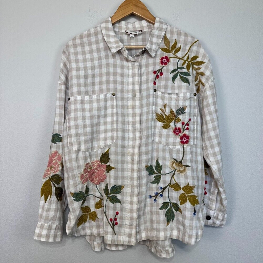 Johnny Was Workshop Adele Gingham Women's Overshirt Linen Embroidered Size Small